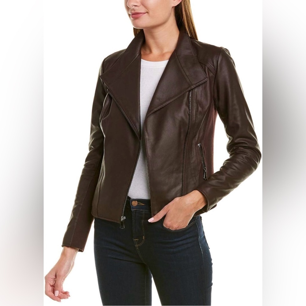 ANDREW MARC Women’s Leather Jacket Light Asymmetrical  with rib knit paneling M
